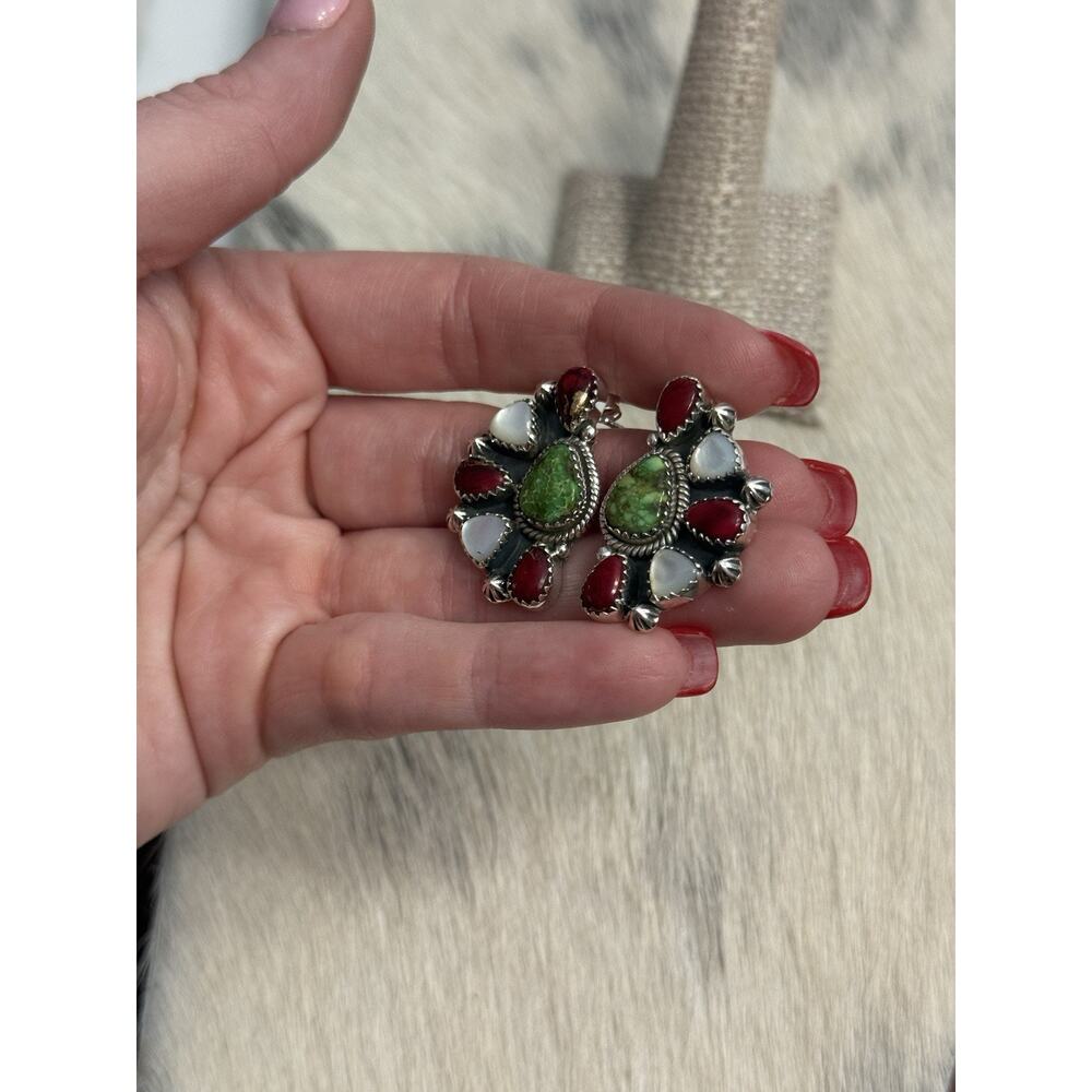 Sterling Silver Sonoran Gold Turquoise Red Dahlia Mother Pearl Cluster Earrings - Picture 3 of 13
